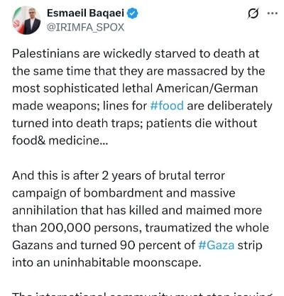 پیام سخنگوی وزارت امور خارجه در شبکه ایکس راجع به ضرورت اقدام فوری برای کمک‌رسانی به غزه و توقف نسل‌کشی